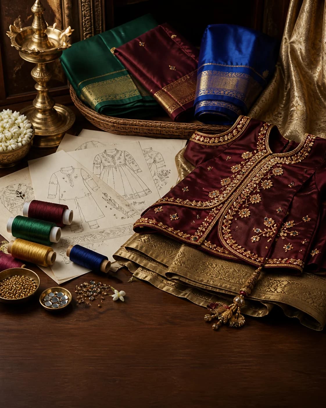 South Indian silk fabrics, blouse embroidery, and atelier sketches arranged on a worktable