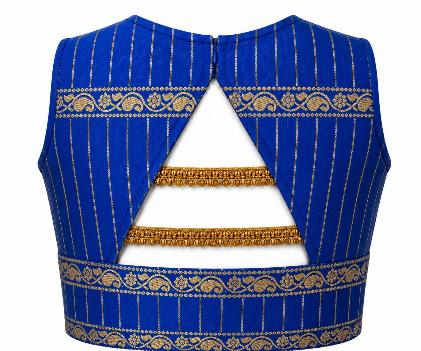 Royal blue choli back detail with open back and gold bands