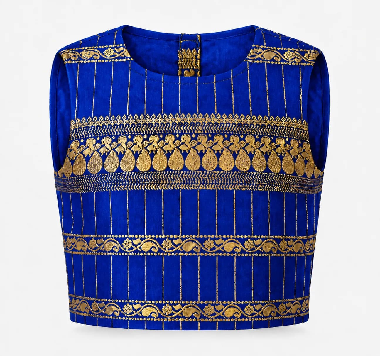 Royal blue choli front detail with gold zari work