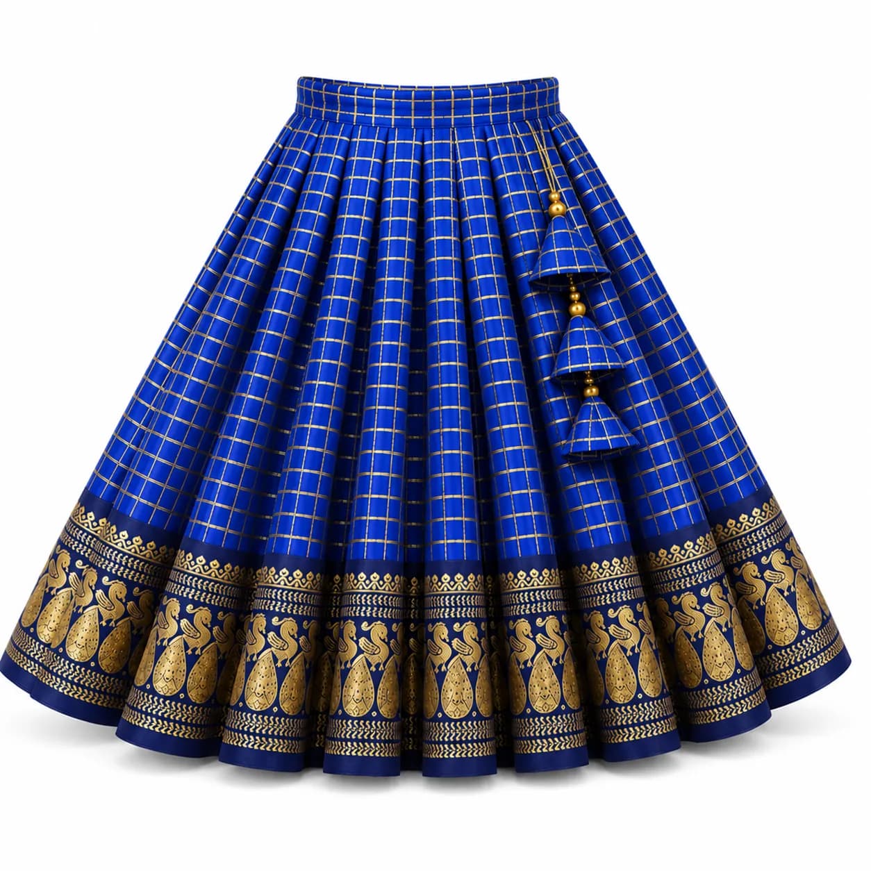 Royal blue lehenga skirt with pleats and gold border