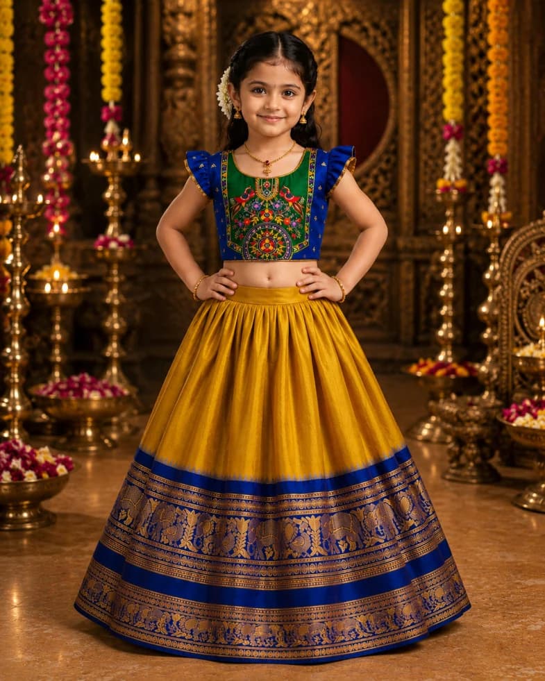 Girl wearing the Aadhya royal blue and mustard temple border lehenga choli from the AMZIRA inventory
