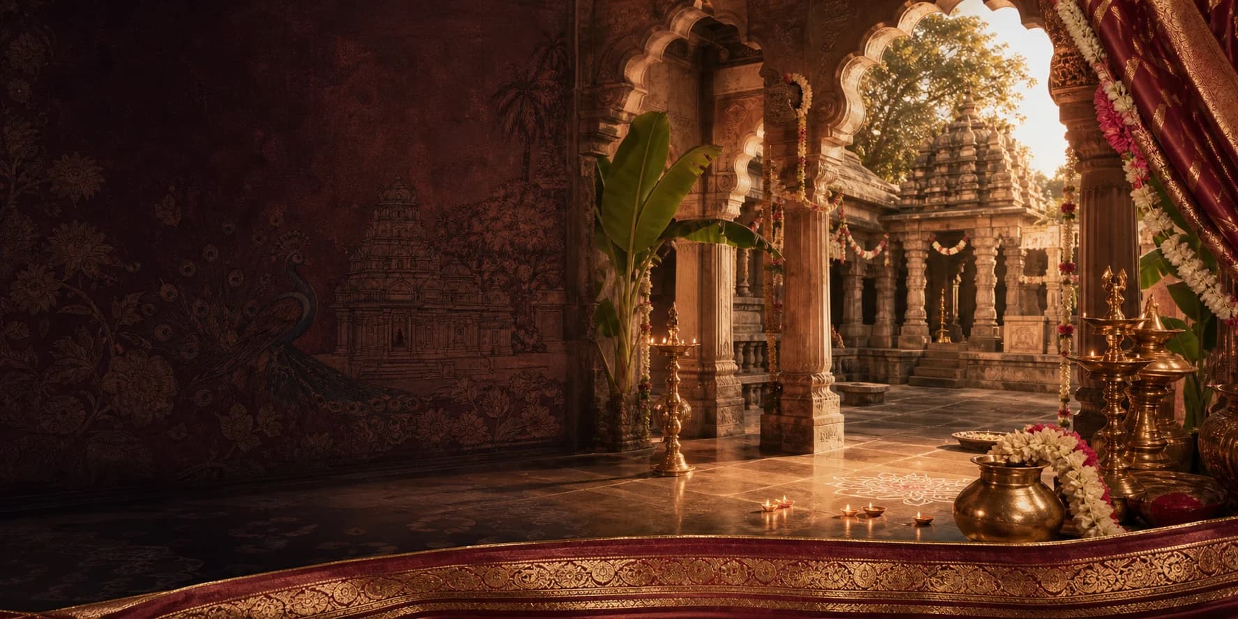 South Indian temple courtyard with silk borders, brass lamps, and heritage architecture
