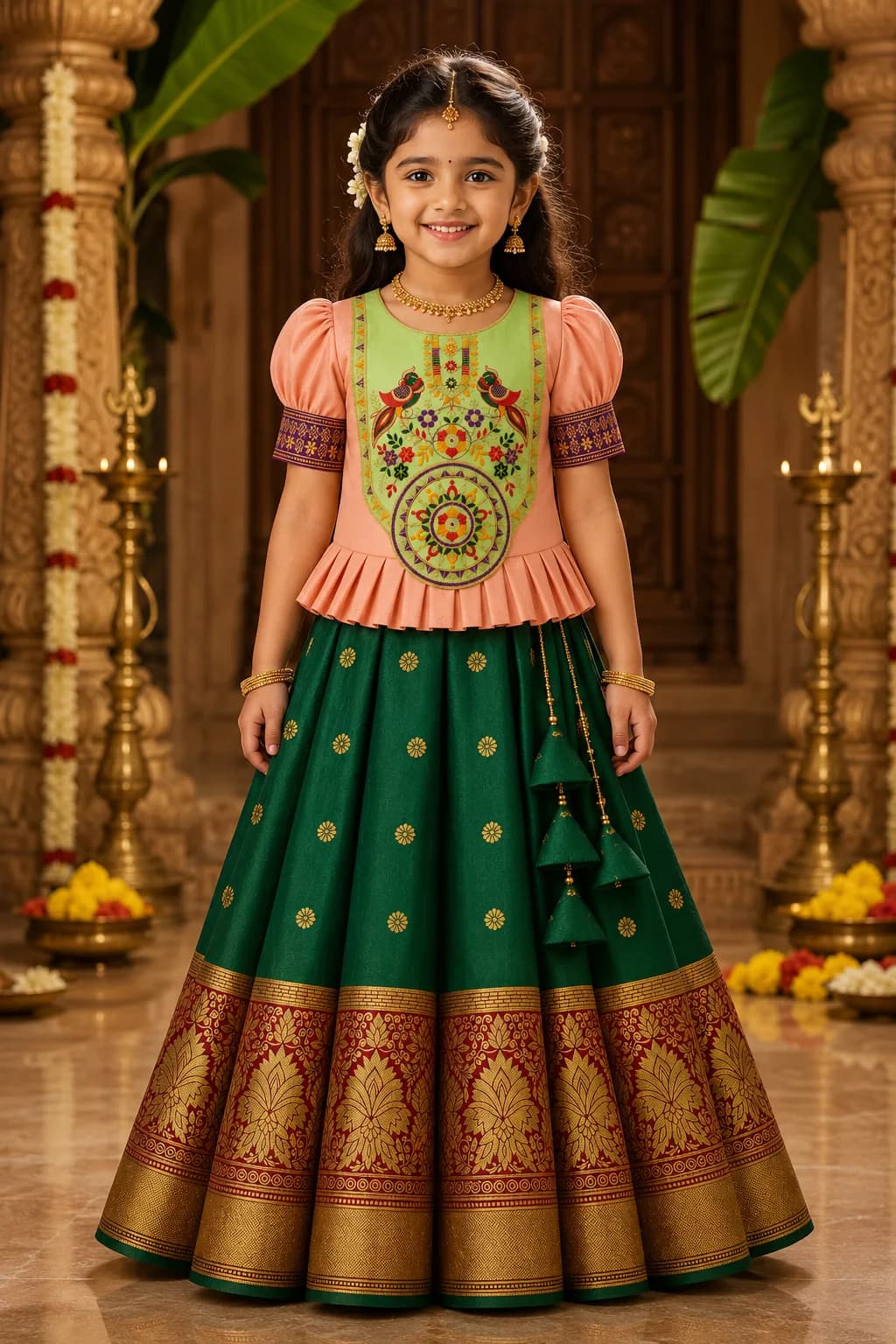 Girl wearing an emerald South Indian lehenga choli with a temple border