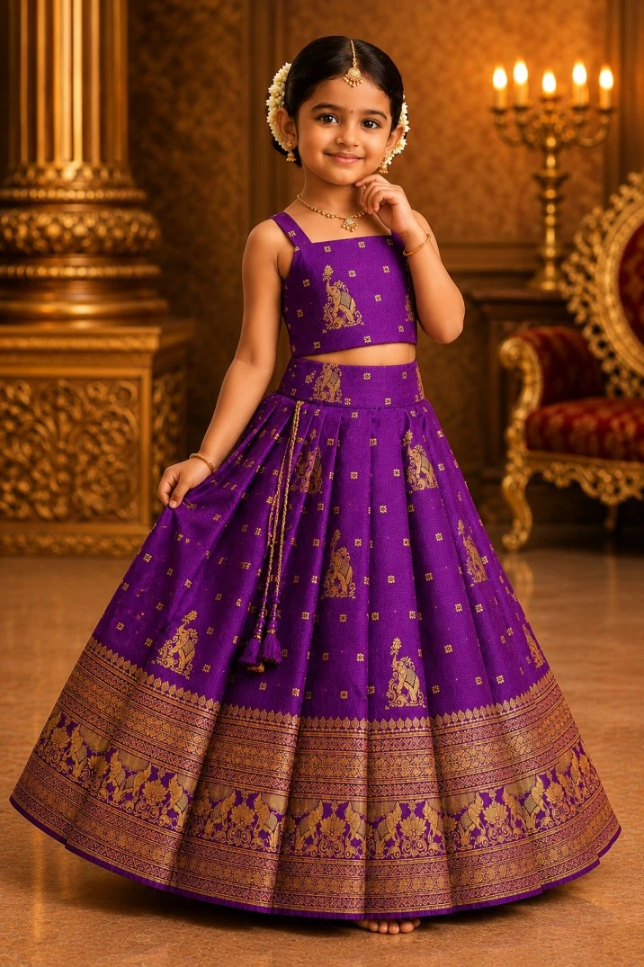 Gold embroidery detail on a purple AMZIRA pattu pavadai