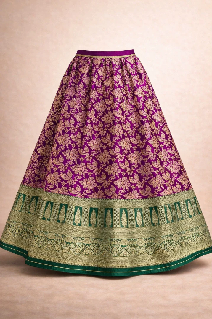Anika Emerald Purple Temple Lehenga lengha photoshoot