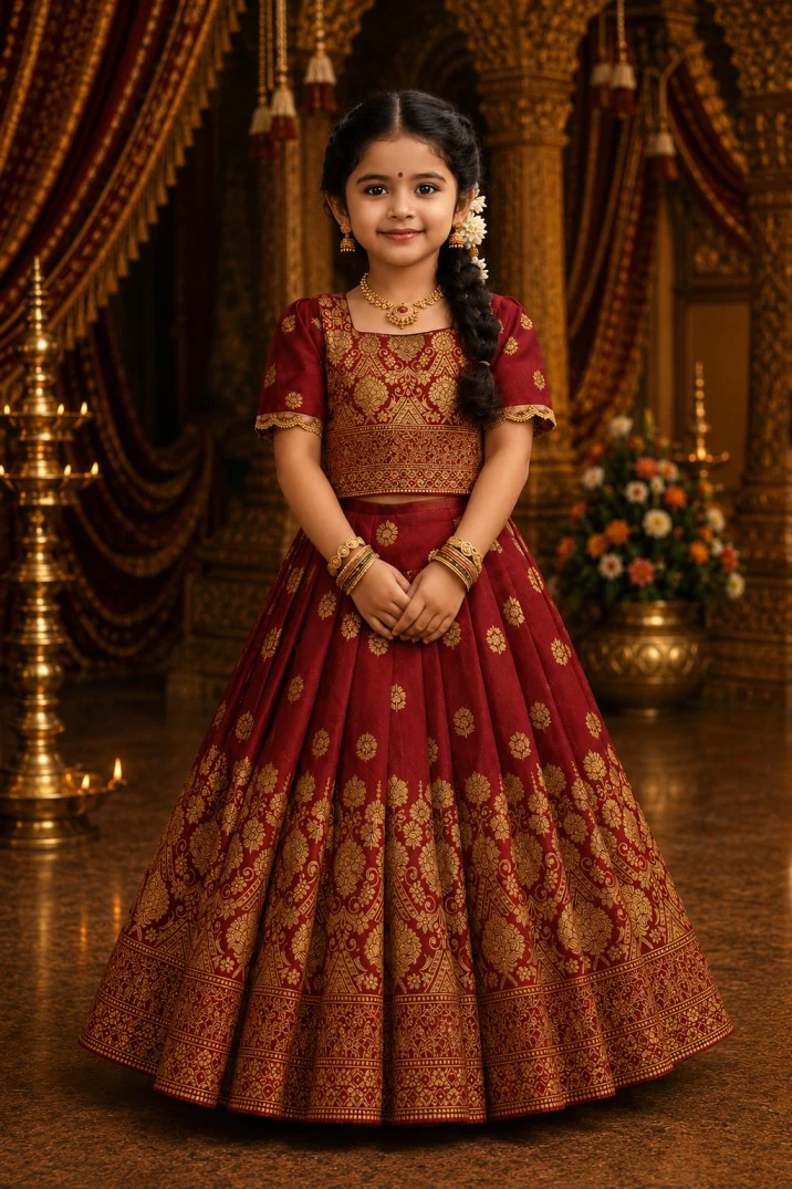 Maroon and gold AMZIRA pattu pavadai for a celebration