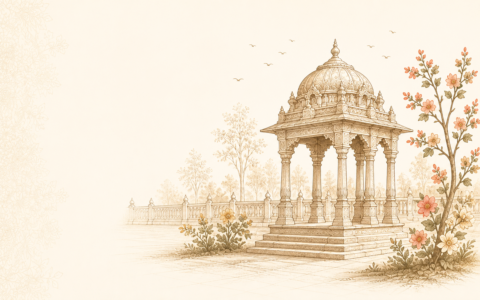 Illustrated domed ceremonial pavilion in a peaceful flowering garden